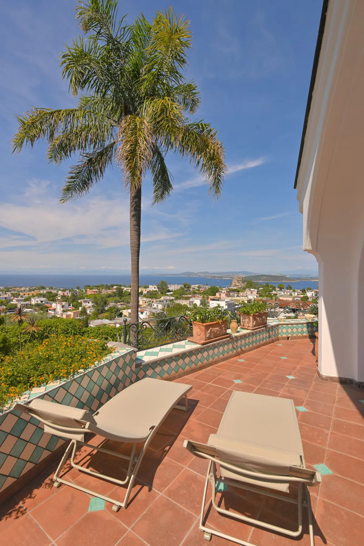The terrace palm with the gulf and the islands on the horizon