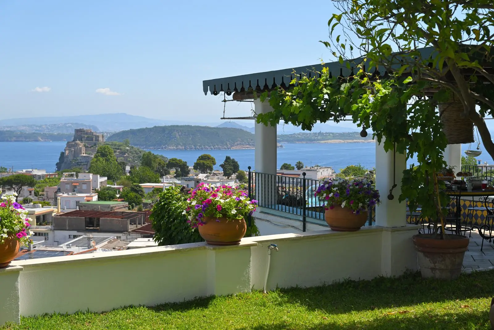 The vine pergola facing the gulf and the Aragonese Castle